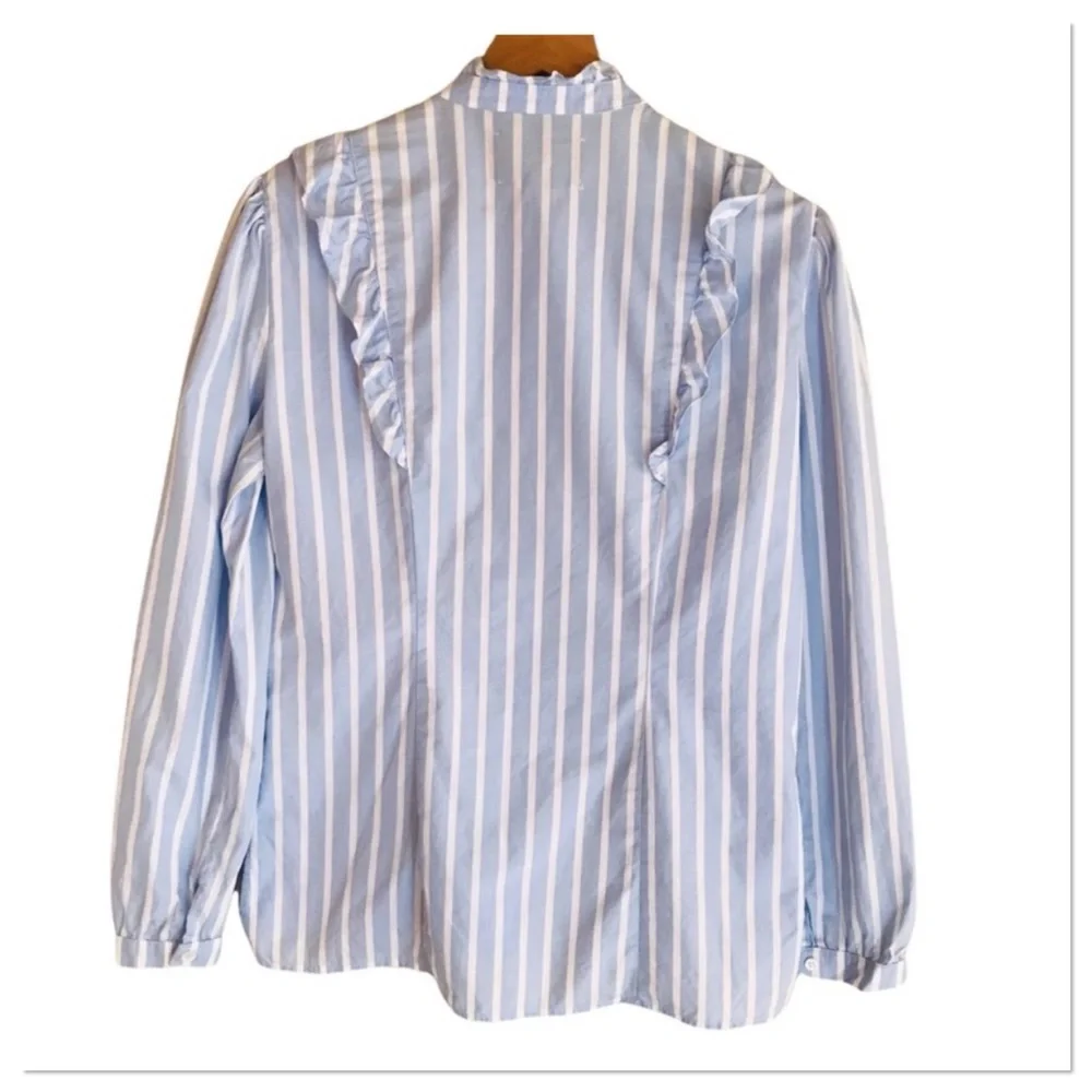 Reformation Etta Top In Lydia Striped Ruffle Edge Button Up Front Blue Size L - Picture 7 of 10